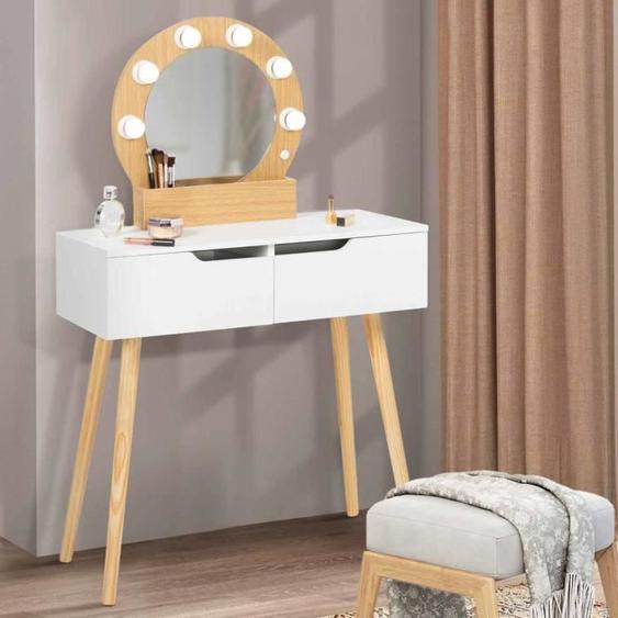 Coiffeuse scandinave 2 tiroirs HORIA bois et blanc avec miroir LED