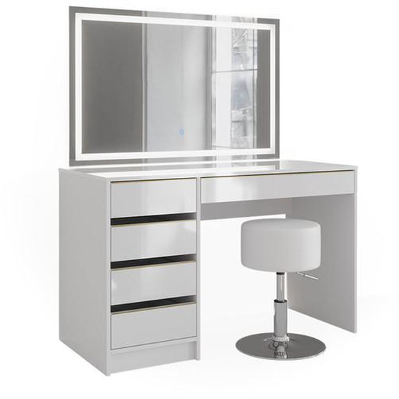 coiffeuse Sherry, 120 cm avec miroir LED et tabouret, Blanc/Or, Vicco
