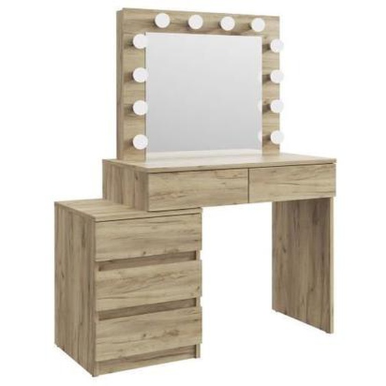 Coiffeuse Adele 12 LED, Table de Maquillage avec Miroir Lumineux 80x65 cm, 5 Tiroirs, Éclairage 3 Couleurs,  Couleur Craft