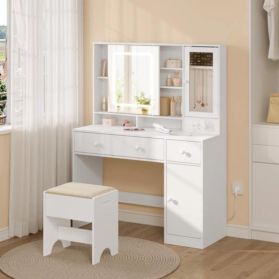 Coiffeuse - Table de maquillage - Avec tabouret - Deux tiroirs - Miroir - Dimensions 108 x 40 x 139 cm - Capacité de charge 50 kg - Panneau aggloméré E1 + verre - Bleu