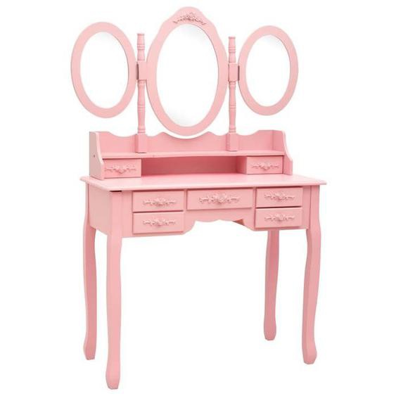 Coiffeuse/Table de maquillage - avec tabouret et miroir - pliable - en 3 Rose SS303929