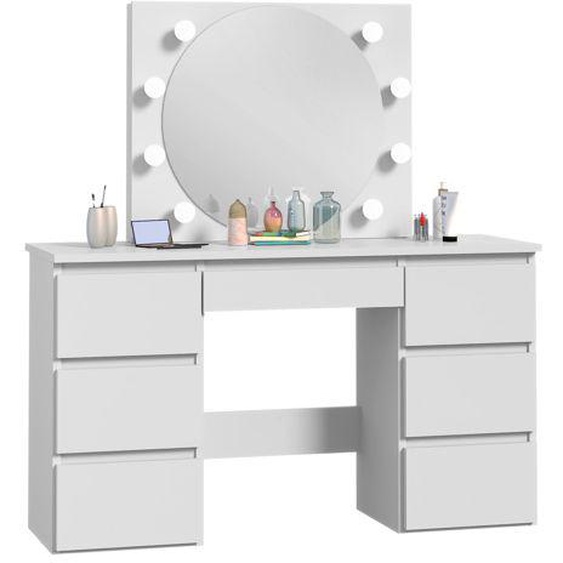 Coiffeuse - table de maquillage BETA 4 8 LED - Blanc - Miroir rond éclairé par 8 ampoules LED - Fabrication européenne