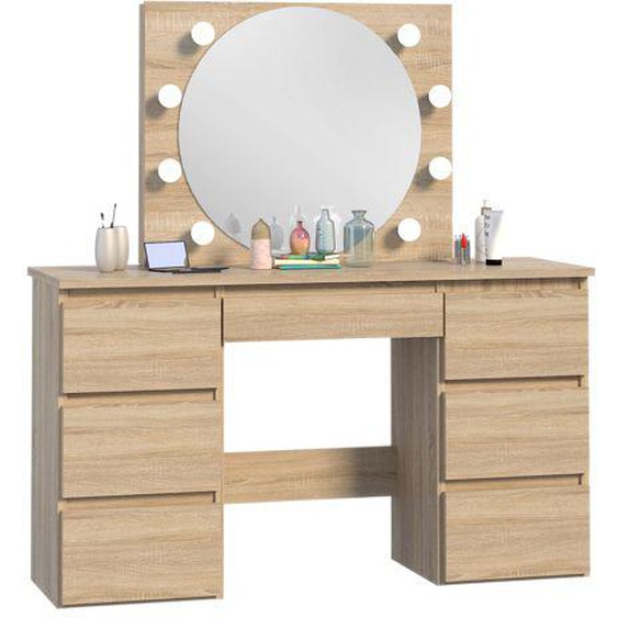 Coiffeuse / table de maquillage BETA 4 8 LED - Couleur Chêne - Miroir rond éclairé par 8 ampoules LED - Fabrication européenne