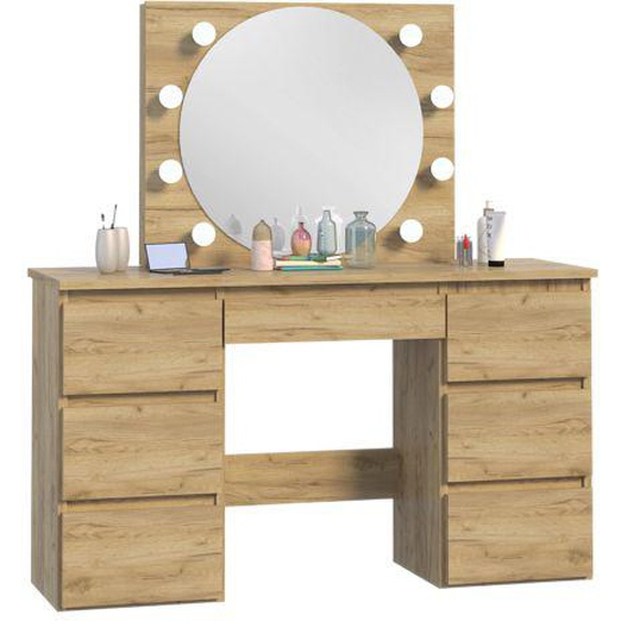 Coiffeuse / table de maquillage BETA 4 8 LED - Couleur Craft - Miroir rond éclairé par 8 ampoules LED - Fabrication européenne
