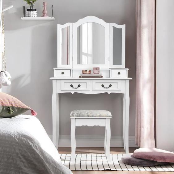 Coiffeuse Table de Maquillage, Coiffeuse Blanche avec 3 miroirs et Tabouret+4 tiroirs en MDF et en Bois de pin Massif, 80x140x40cm