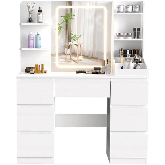 Coiffeuse - Table de maquillage - Miroir avec éclairage LED réglable - 7 tiroirs, 4 étagères - 110 x 40 x 140 cm - Sans tabouret - Blanc