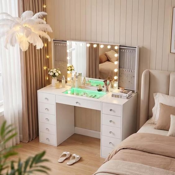 Coiffeuse VANITII avec miroir éclairé par LED, intensité réglable et 11 tiroirs