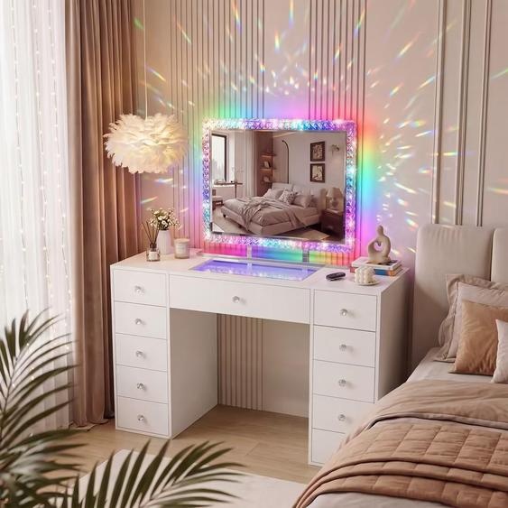 Coiffeuse avec Miroir LED, 11 Tiroirs Blanc 130 x 55 x 141 cm