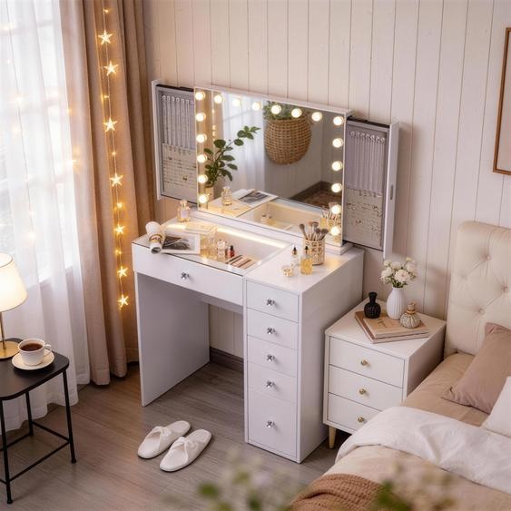 Coiffeuse VANITII avec miroir  LED et compartiment à bijoux intégré Éclairage avec 6 tiroirs