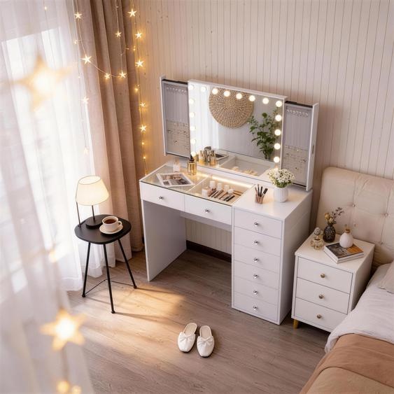 Coiffeuse VANITII avec miroir LED et compartiment à bijoux intégré Éclairage avec 8 tiroirs