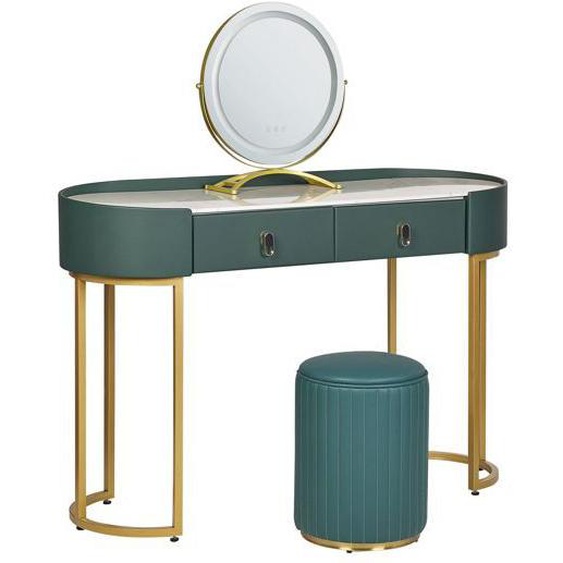 Coiffeuse vert foncé et doré avec miroir à LED et pouf VINAX