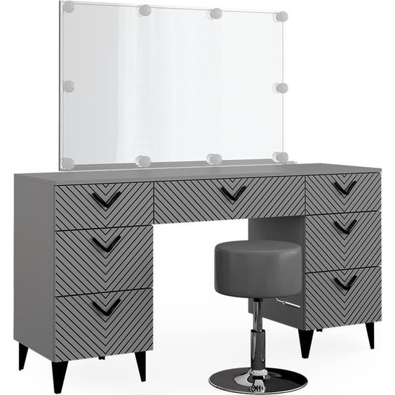 Coiffeuse Vicco Anett Gris 150cm avec éclairage LED et tabouret, Model 40716