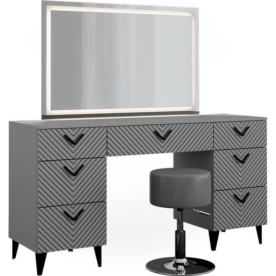 Coiffeuse Vicco Anett Gris 150cm avec miroir LED et tabouret, Model 40718