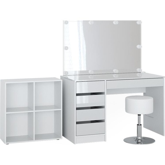 Coiffeuse Vicco Sherry Blanc 120cm 4 pièces, avec étagère sur pied, miroir, tabouret, LED, Model 41628