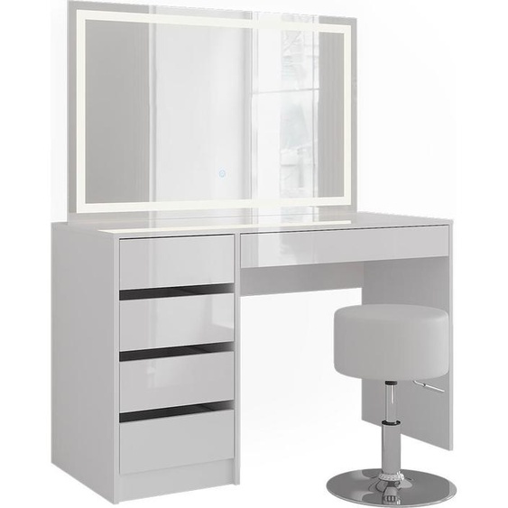 Coiffeuse Vicco Sherry blanc/blanc brillant 119.8cm avec miroir LED et tabouret, Model 57601