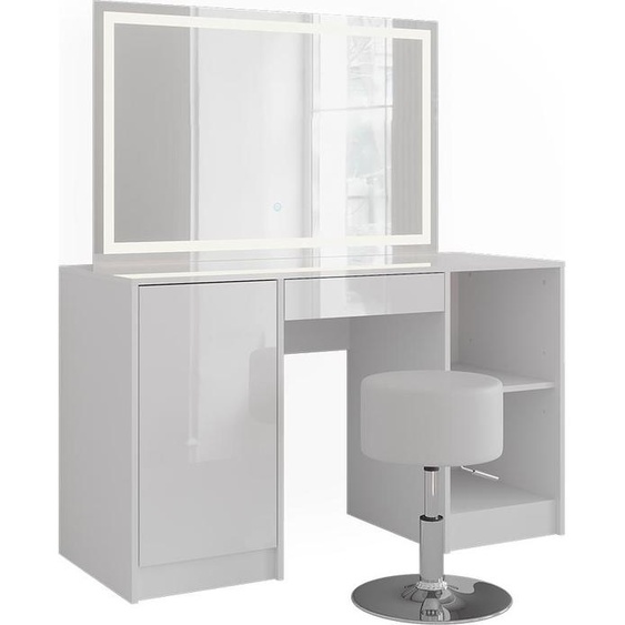 Coiffeuse Vicco Sherry blanc/blanc brillant 128.2cm avec miroir LED et tabouret, Model 57624