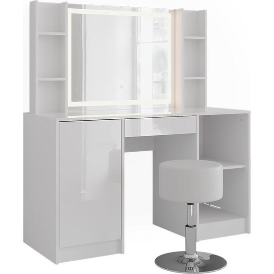 Coiffeuse Vicco Sherry blanc/blanc brillant 128.2cm avec miroir LED et tabouret, Model 57626