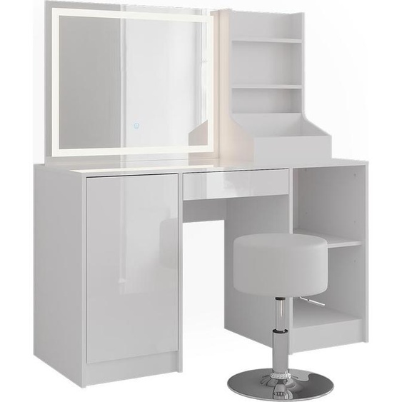 Coiffeuse Vicco Sherry blanc/blanc brillant 128.2cm avec miroir LED et tabouret, Model 57628