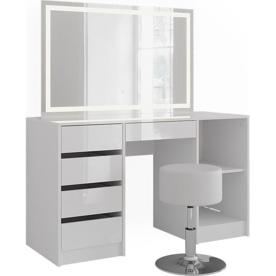 Coiffeuse Vicco Sherry blanc/blanc brillant 128.2cm avec miroir LED et tabouret, Model 57630
