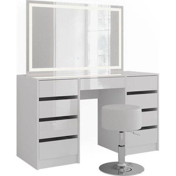 Coiffeuse Vicco Sherry blanc/blanc brillant 128.2cm avec miroir LED et tabouret, Model 57636