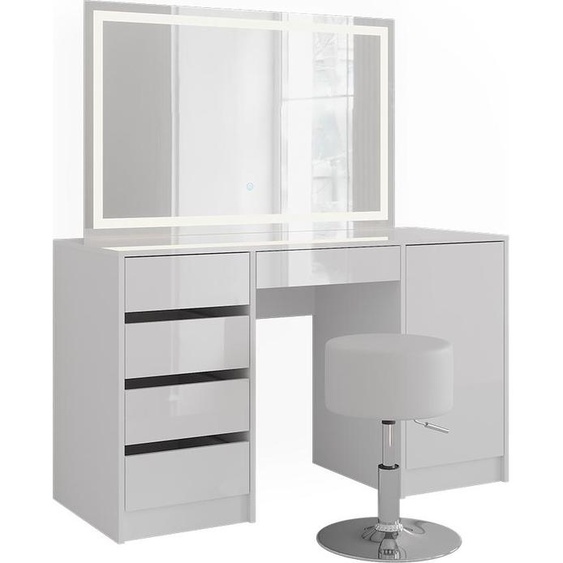 Coiffeuse Vicco Sherry blanc/blanc brillant 128.2cm avec miroir LED et tabouret, Model 57642