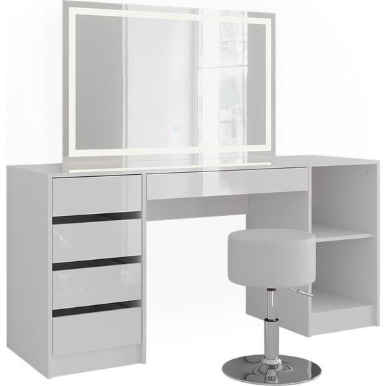 Coiffeuse Vicco Sherry blanc/blanc brillant 158.2cm avec miroir LED et tabouret, Model 57654