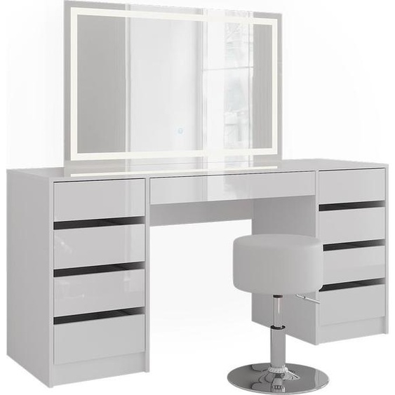 Coiffeuse Vicco Sherry blanc/blanc brillant 158.2cm avec miroir LED et tabouret, Model 57660