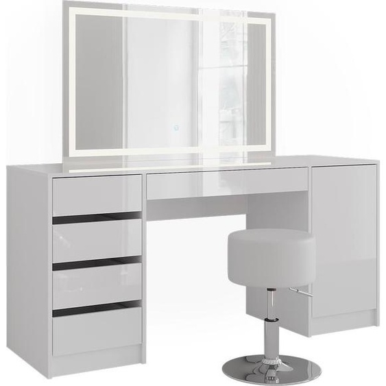 Coiffeuse Vicco Sherry blanc/blanc brillant 158.2cm avec miroir LED et tabouret, Model 57666