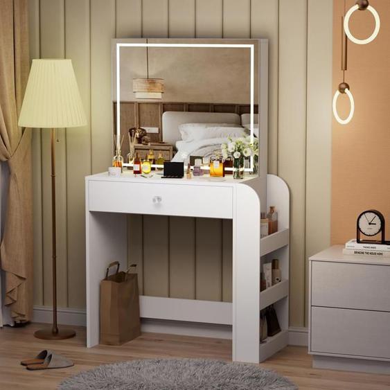 Coiffeuses avec miroirs coulissants, Coiffeuse avec 1 Tiroirs et 3 Étagères, Style moderne, Couleur Blanche, 81,2 x 40 x 135 cm