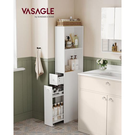 VASAGLE Colonne avec Tiroirs et Étagère Réglable, 18 x 40 x 134,4 cm (L x P x H), Style Moderne, Meuble de Salle de Bain Haut, Blanc Classique