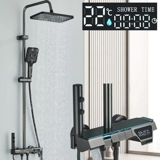 Colonne de Douche avec Mitigeur Mural- Design Piano,Lumières led et écran de Température, Systeme de Douche Pluie Pour Salle de Bain, avec Douchette,