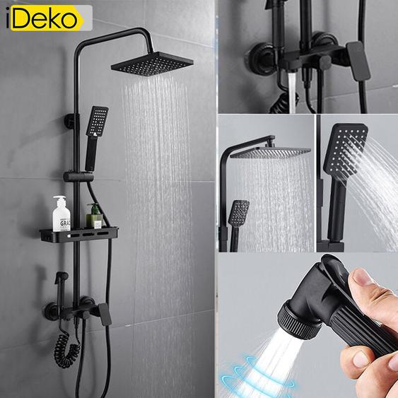 Colonne de douche Robinet de salle de bain mural avec pommeau de douche bidet en laiton céramique Noir - Ideko
