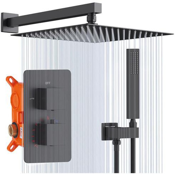 Colonne de Douche Thermostatique à Encastrer Kit de Douche Encastré avec Pommeau Grande Pluie Ensemble de Douche Encastrable Corps en Laiton Black
