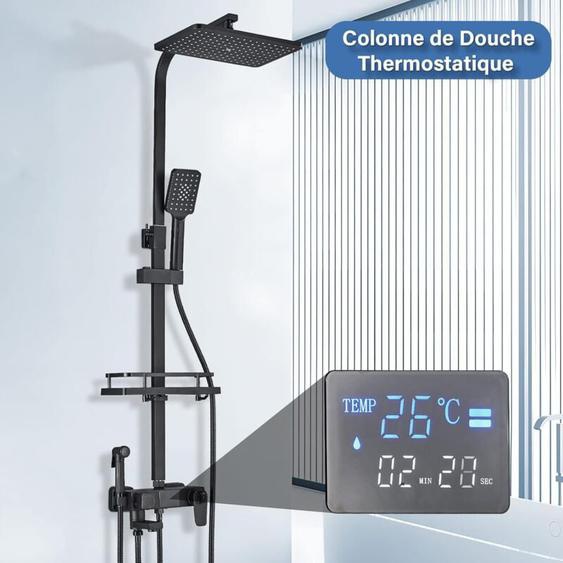 Suguword - Colonne de Douche Thermostatique Noir avec Mitigeur 38°C,Ensemble de Douche avec 4 Fonctions Hauteur RéGlable,Système de Douche à tête