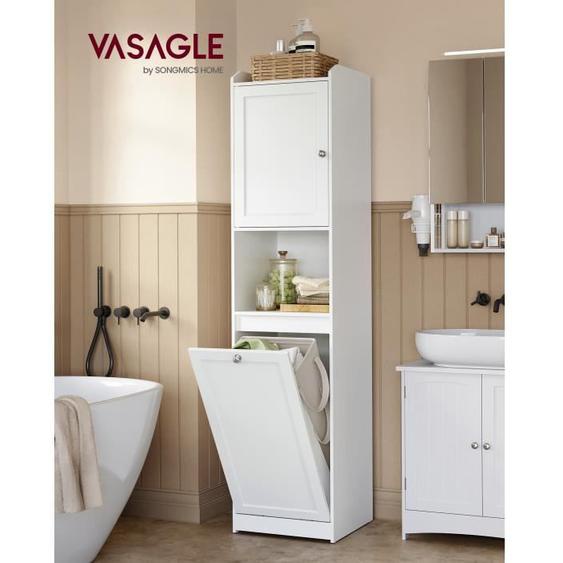 Colonne de Salle de Bain, Sac Intérieur Amovible avec Poignées, Compartiment avec Porte, 40 x 40 x 170 cm, Blanc Nuage