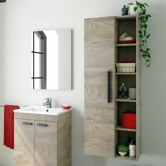 Colonne suspendue 1 porte 4 niches Chêne - BIGRA - Bois clair - Bois - L 51 x l 25 x H 135 cm - Colonne de salle de bain