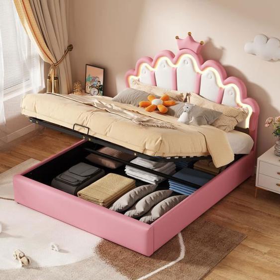 Lit double - COMANLAI - 140x200 cm - Rose - Éclairage LED - Tête de lit nuage
