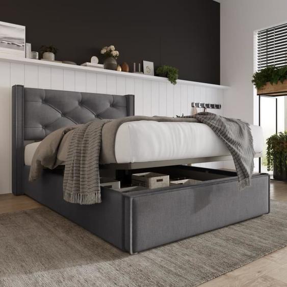 Lit simple - COMANLAI - 90x200 cm - Rembourré - Avec tiroirs - Bois massif gris