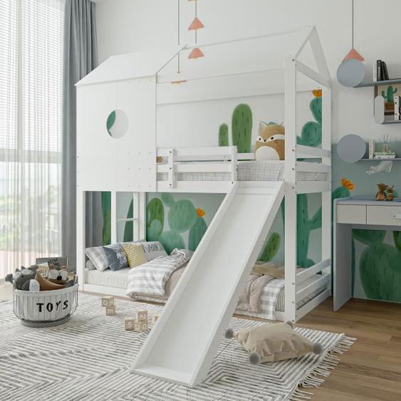 COMANLAI Lit superposé-lit loft lit enfant en pin lit maison avec toboggan-90×200cm