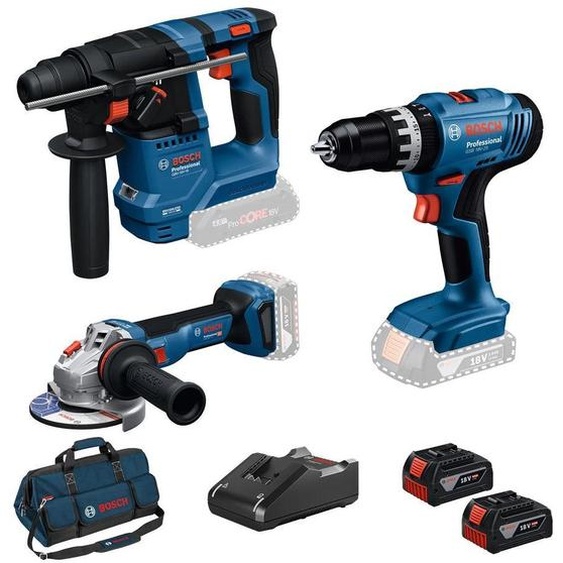 COMBO KIT 3 OUTILS : Perceuse Visseuse à percussions sans fil GSB 18V-25 + Marteau perforateur sans fil GBH 18V-18 + Meuleuse angulaire sans fil GWS 18V-8 + batteries GBA 2 x4,0Ah + chargeur GAL 18V-40 - SAC - BOSCH - 0615A500AG