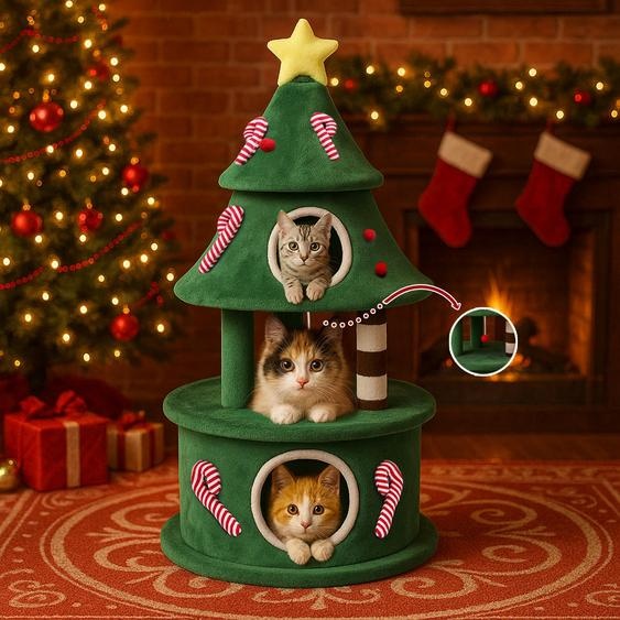 COMHOMA Arbre à chat 144 cm de haut en design de sapin de Noël, arbre à chat à plusieurs étages avec maison pour chats, plates-formes & balles de jeu, arbre à grimper stable pour K