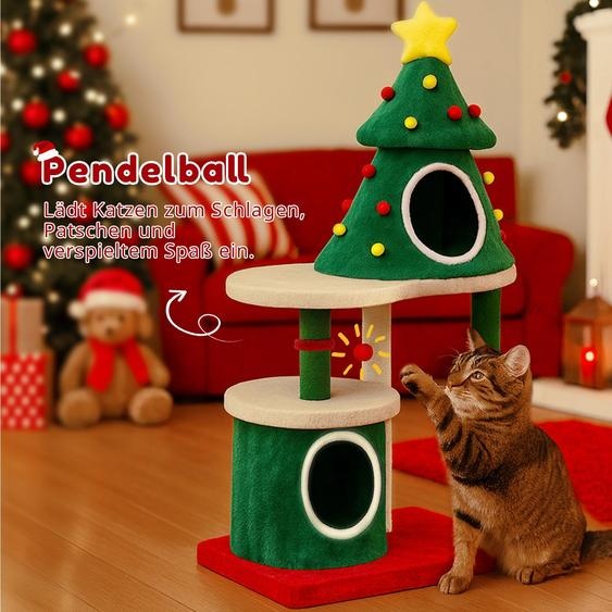 COMHOMA Arbre à chat en design de sapin de Noël 123cm, arbre à chat stable Tour pour chats avec colonnes à griffer, maison pour chats à plusieurs étages avec plates-formes & balle de jeu