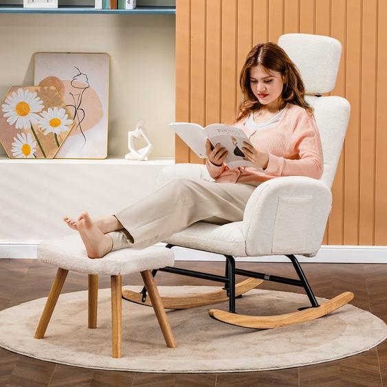 COMHOMA fauteuil à bascule avec tabouret, fauteuil de relaxation, fauteuil à oreilles en peluche Teddy fauteuil à bascule, supporte jusquà 150 kg, chaise longue de jardin beige