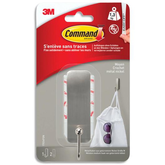 COMMAND Crochet simple adhésif 3M moyen en métal nickel - poids supporté 1,3kg - senlève sans trace