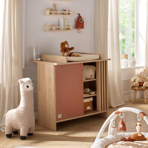 Commode 1 Porte Colorée Et 3 Niches Avec Claustra En Bois Décor Chêne Suave - Tokyo Rouge/marron
