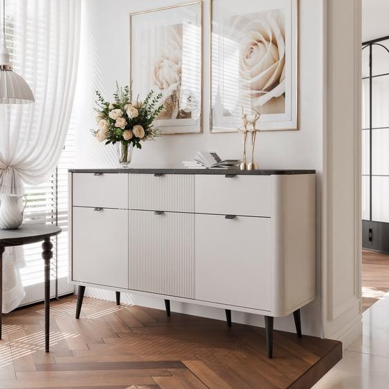 Commode 3 portes NAVANI 130 cm avec 3 tiroirs Rangement cannelé Meuble à tiroirs debout avec poignées noires Espace de rangement Cachemire + Gris pierre