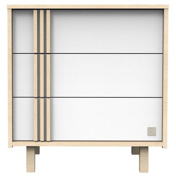 Commode 3 tiroirs décor chêne velours et blanc avec appliques bois - Nature