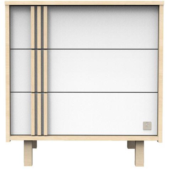 Commode 3 Tiroirs En Décor Chêne Velours Et Avec Appliques En Bois - Nature Blanc