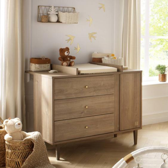 Commode 3 Tiroirs Et 1 Porte Avec Détail Imitation Bois Texturé Et Pieds Bois - Mokka Marron