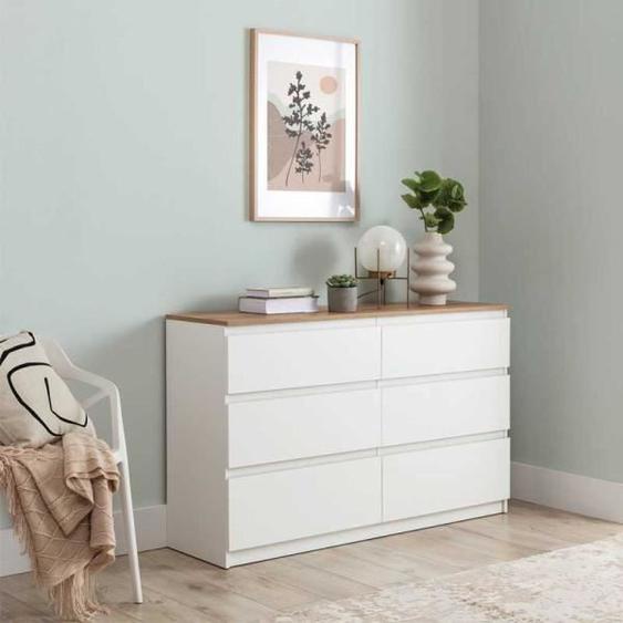 Commode 6 tiroirs Blanc/Bois - QIZ - Blanc - Bois - L 137 x l 35 x H 84 cm - Commode